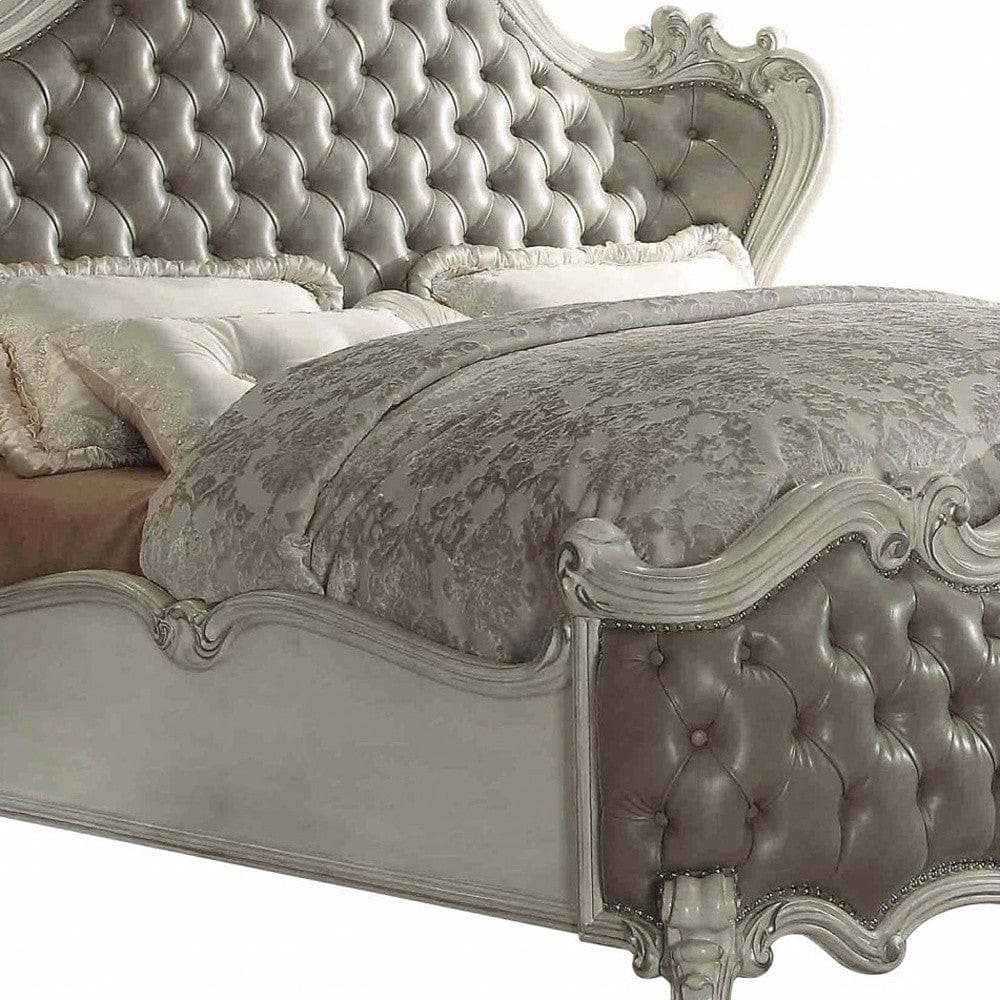 76" X 95" X 73" Vintage Gray Pu Bone White Wood Poly Resin Upholstery Queen Bed - Homeroots - Flyclothing LLC