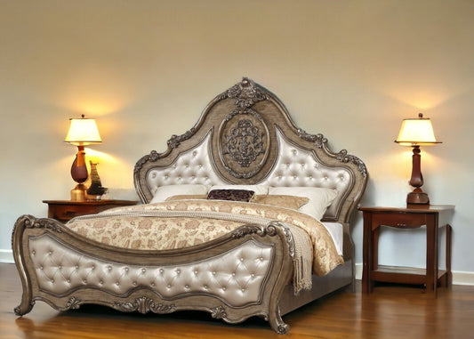 Oak and Bronze Solid Wood Tufted Upholstered Faux Leather Bed Frame - Homeroots