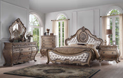 Oak and Bronze Solid Wood Tufted Upholstered Faux Leather Bed Frame - Homeroots