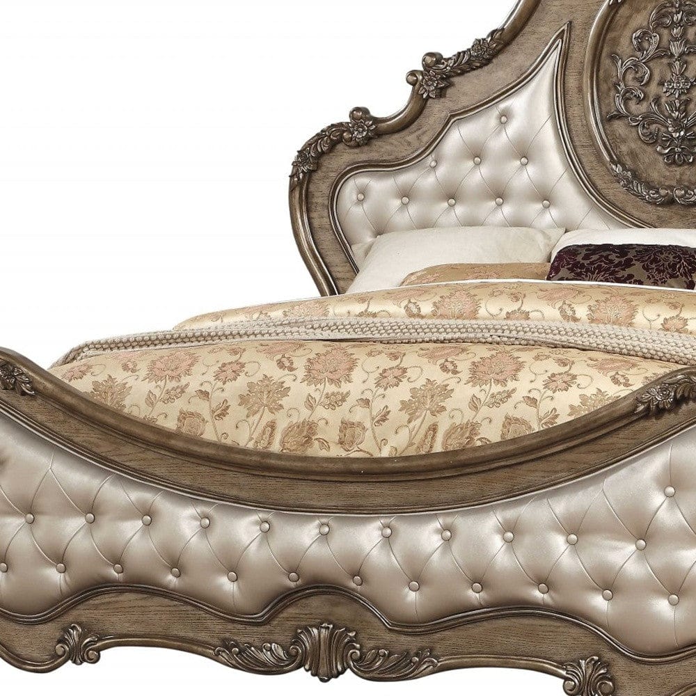 Oak and Bronze Solid Wood Tufted Upholstered Faux Leather Bed Frame - Homeroots