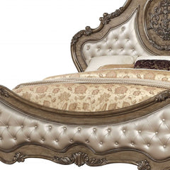 Oak and Bronze Solid Wood Tufted Upholstered Faux Leather Bed Frame - Homeroots