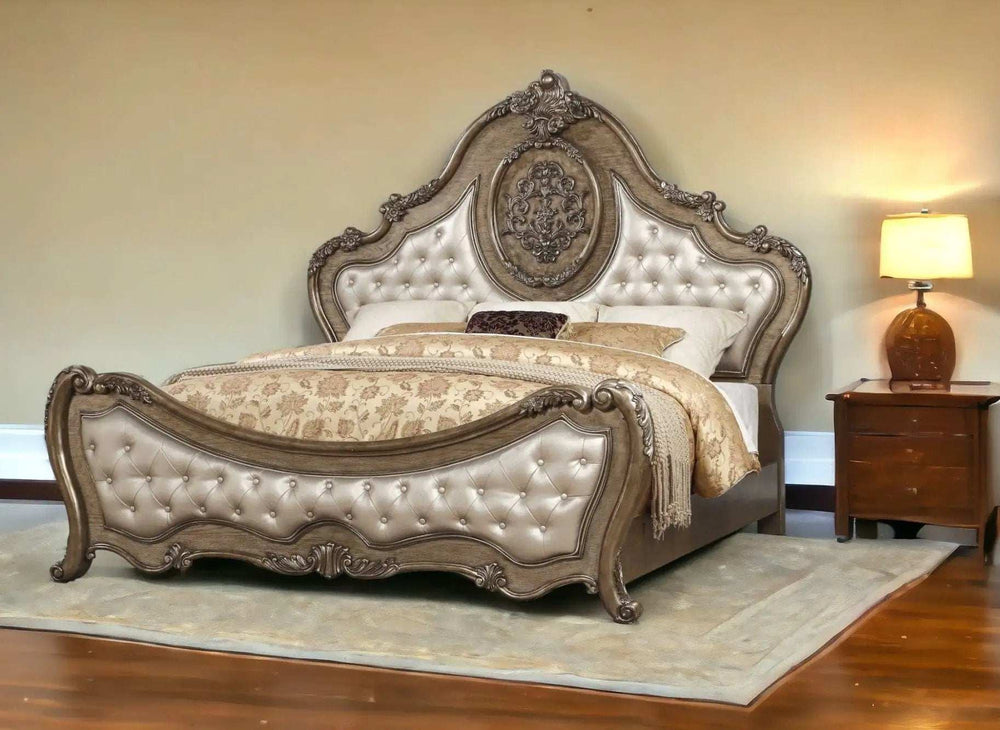Oak and Bronze Solid Wood King Tufted Upholstered Faux Leather Bed Frame with Nailhead Trim - Homeroots - Flyclothing LLC