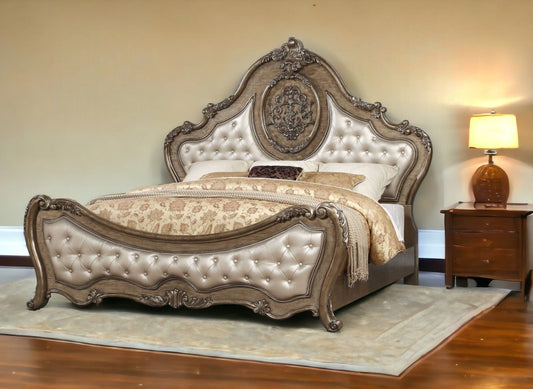 Oak and Bronze Solid Wood King Tufted Upholstered Faux Leather Bed Frame with Nailhead Trim - Homeroots