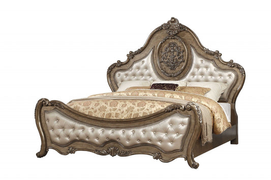 Oak and Bronze Solid Wood King Tufted Upholstered Faux Leather Bed Frame with Nailhead Trim - Homeroots