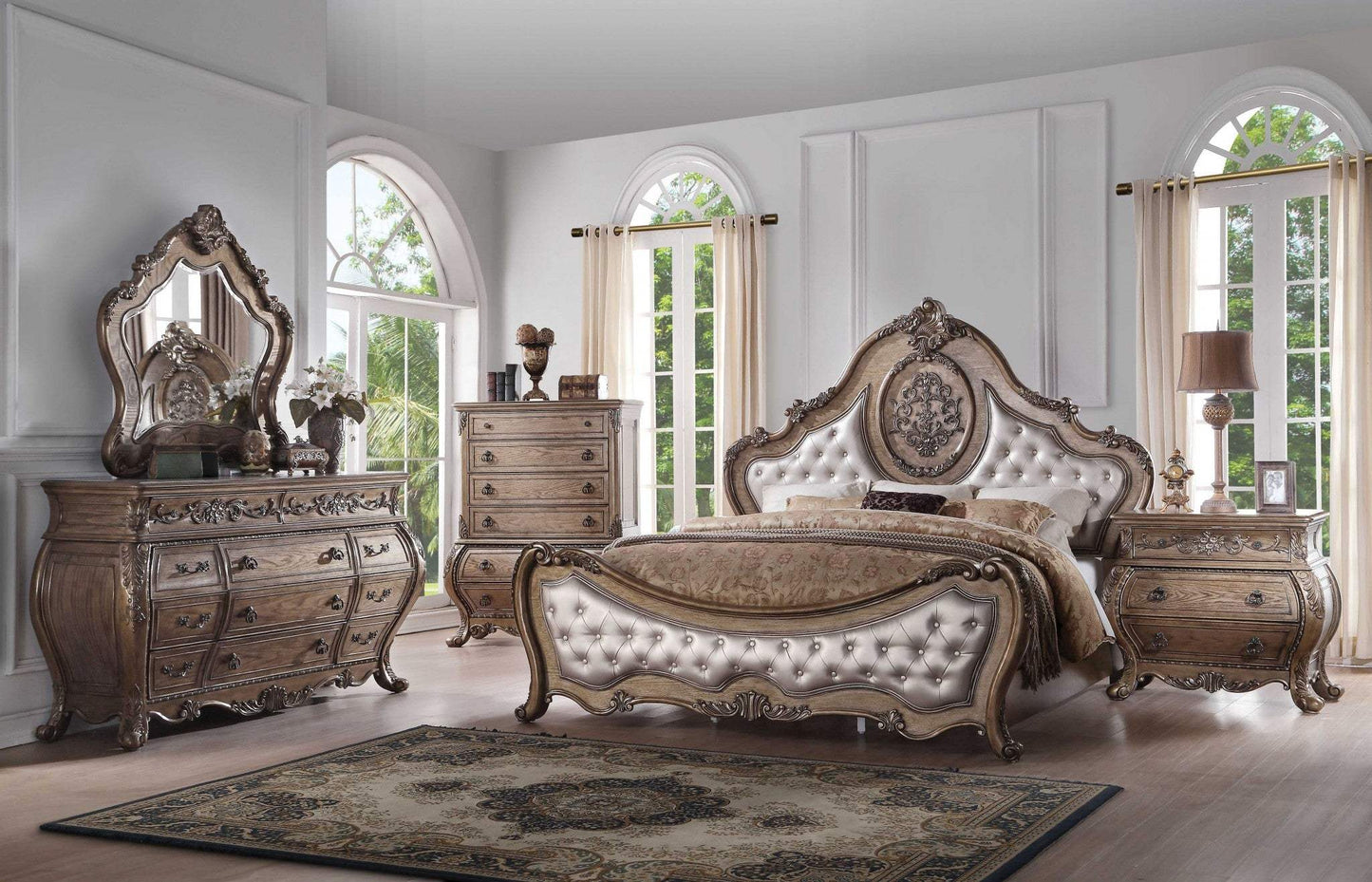 Oak and Bronze Solid Wood King Tufted Upholstered Faux Leather Bed Frame with Nailhead Trim - Homeroots - Flyclothing LLC