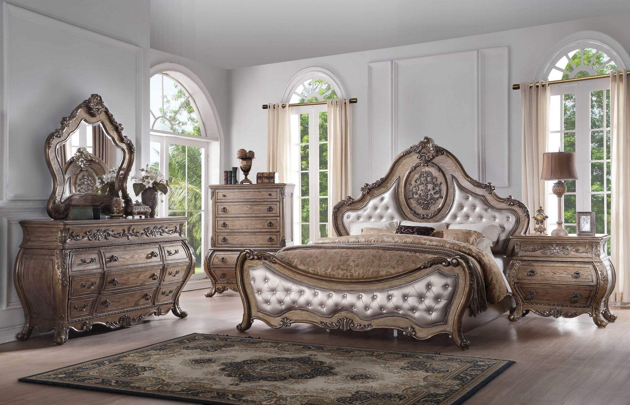 Oak and Bronze Solid Wood King Tufted Upholstered Faux Leather Bed Frame with Nailhead Trim - Homeroots - Flyclothing LLC