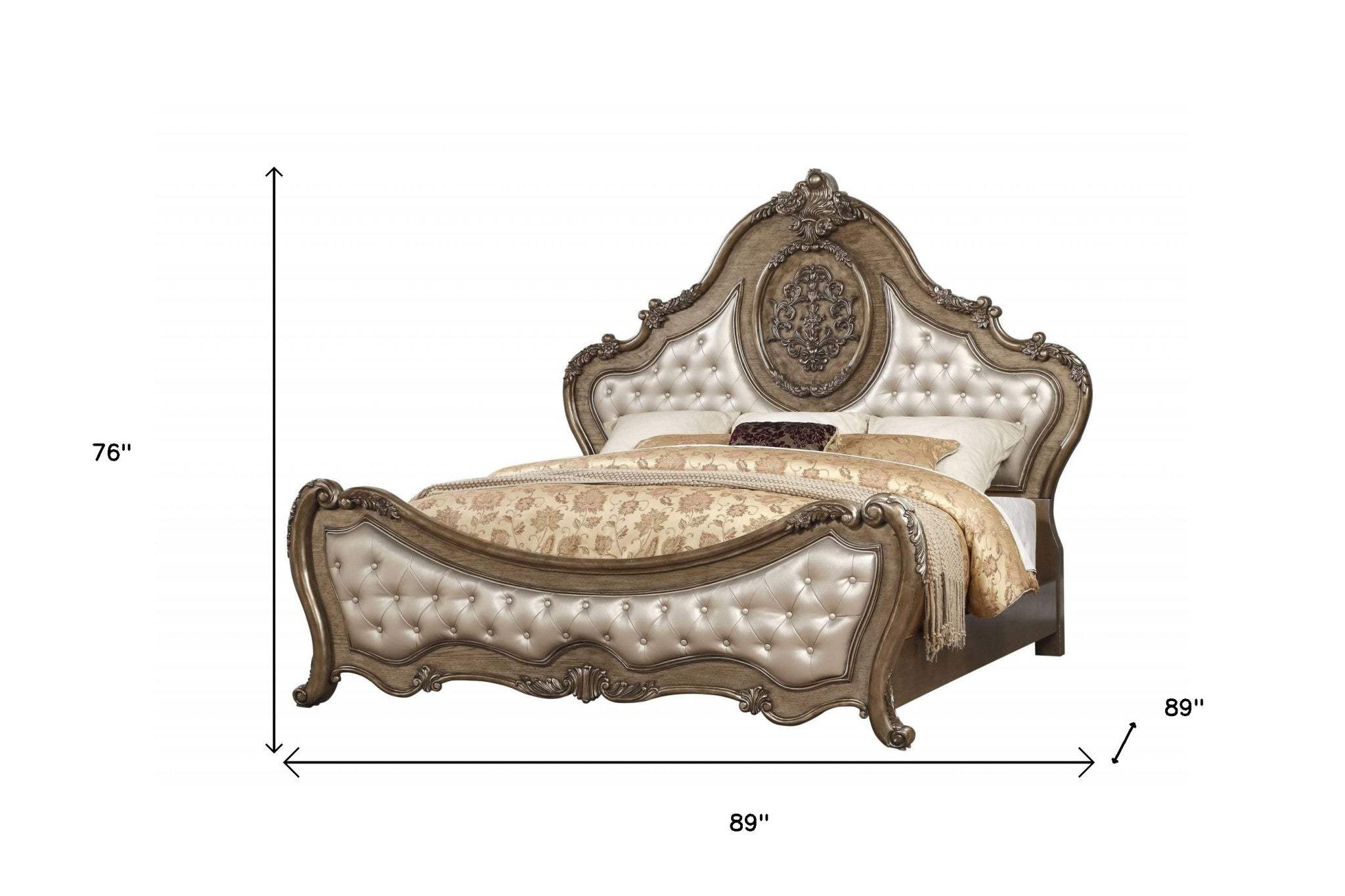 Oak and Bronze Solid Wood King Tufted Upholstered Faux Leather Bed Frame with Nailhead Trim - Homeroots - Flyclothing LLC