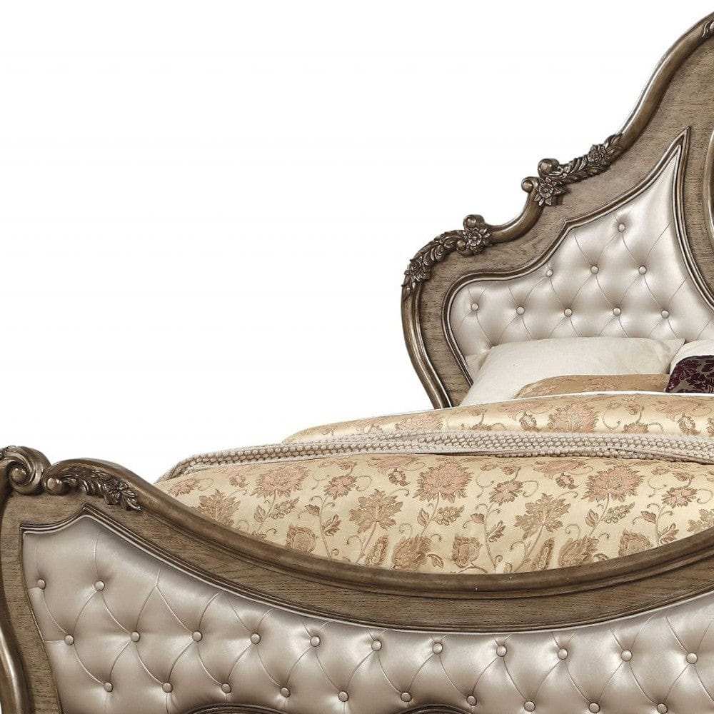 Oak and Bronze Solid Wood King Tufted Upholstered Faux Leather Bed Frame with Nailhead Trim - Homeroots - Flyclothing LLC