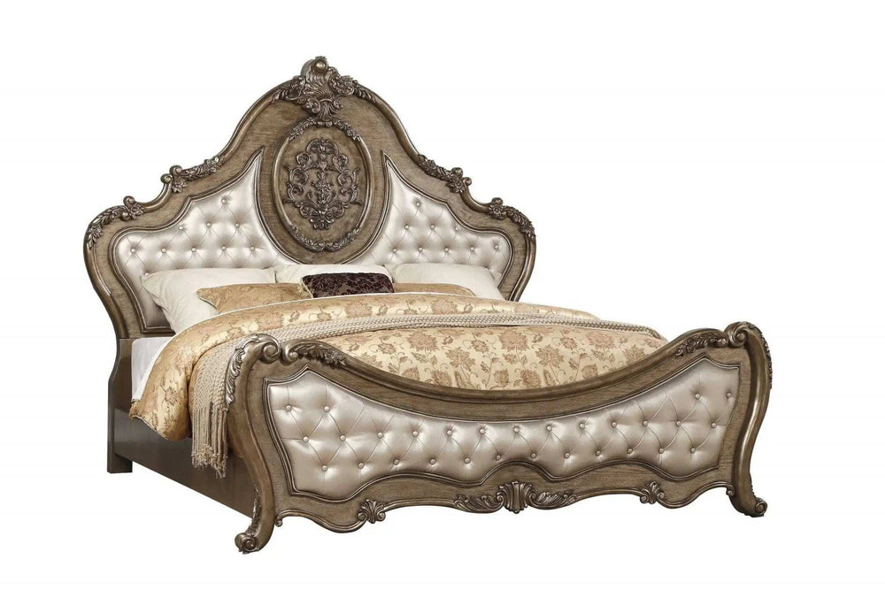 Oak and Bronze Solid Wood King Tufted Upholstered Faux Leather Bed Frame with Nailhead Trim - Homeroots - Flyclothing LLC