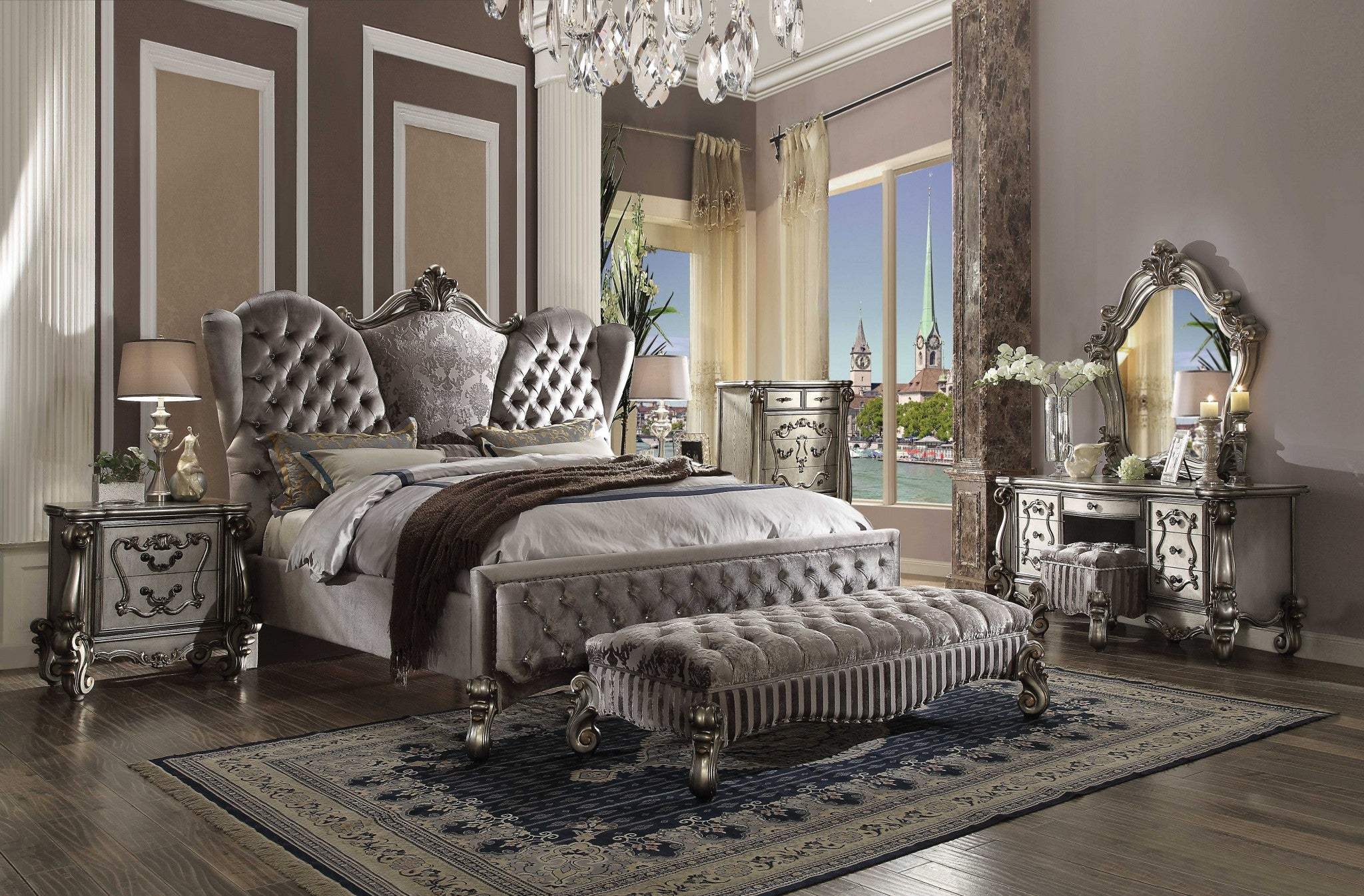87" X 100" X 75" Velvet Antique Platinum Upholstery Poly Resin California King Bed - Homeroots - Flyclothing LLC
