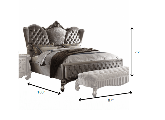 87" X 100" X 75" Velvet Antique Platinum Upholstery Poly Resin California King Bed - Homeroots - Flyclothing LLC