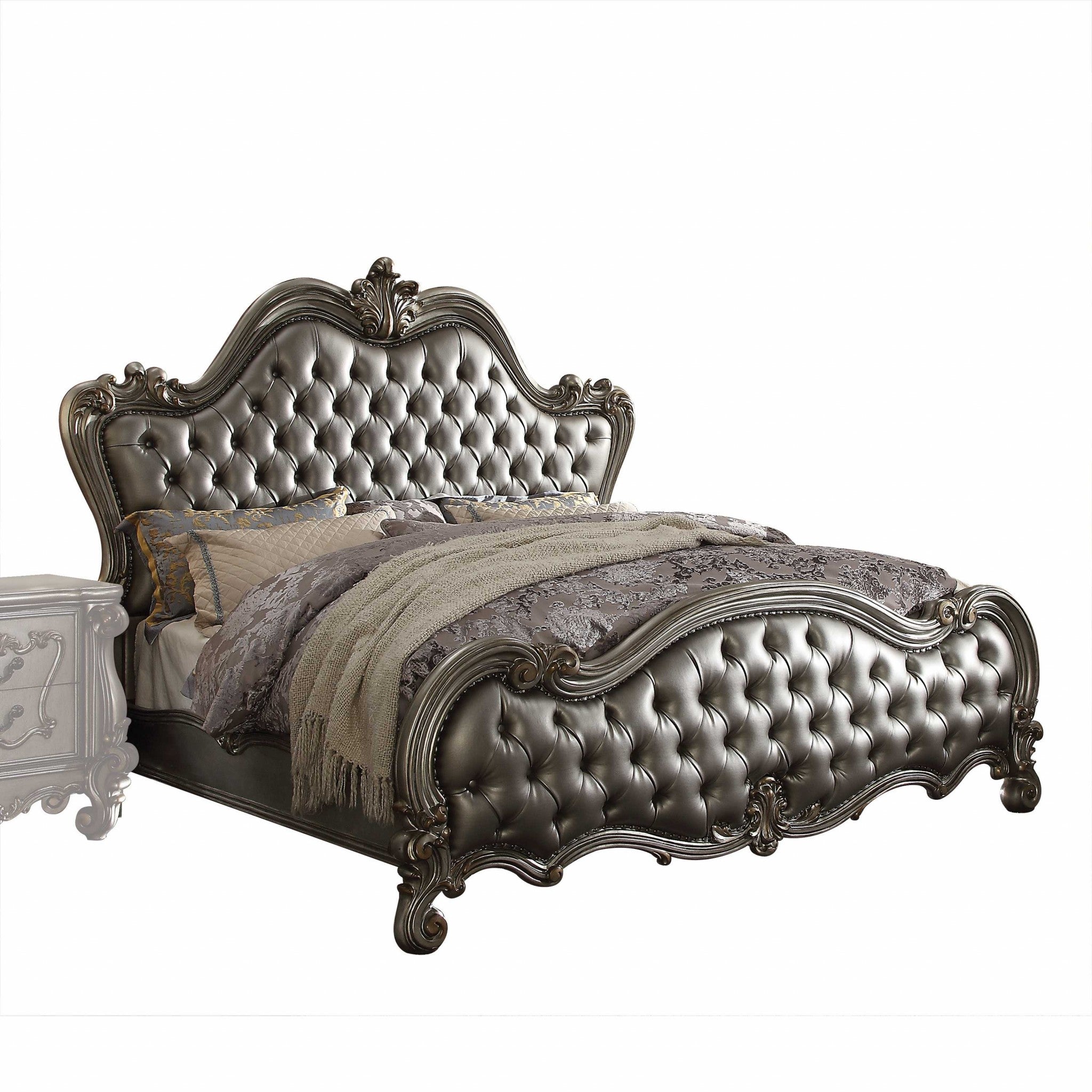 King Tufted Silver Upholstered Faux Leather Bed With Nailhead Trim