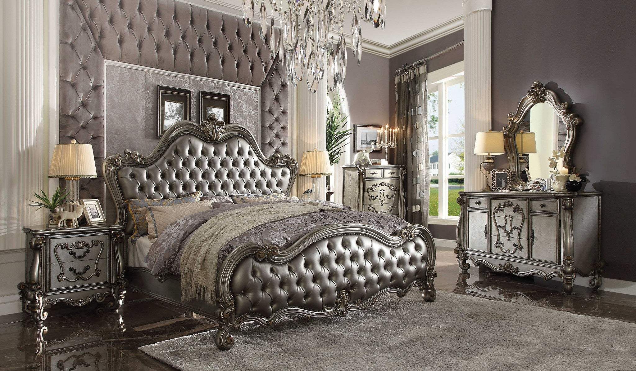 73" X 99" X 72" Silver Pu Antique Platinum Upholstery Poly Resin Queen Bed - Homeroots - Flyclothing LLC