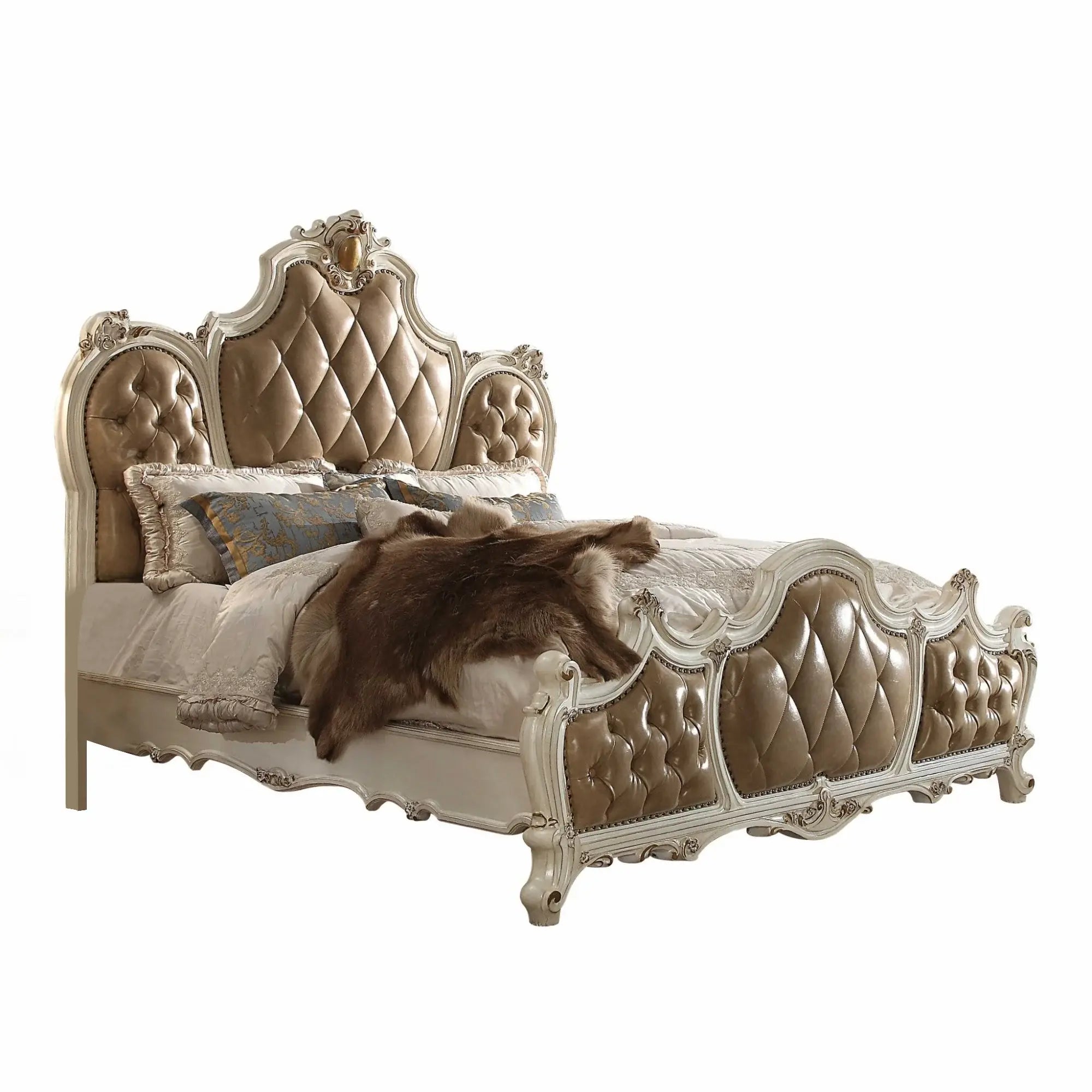 Queen Tufted Beige Upholstered Faux Leather Bed With Nailhead Trim - Homeroots - Flyclothing LLC