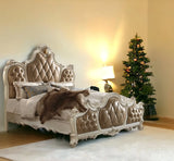 Queen Tufted Beige Upholstered Faux Leather Bed With Nailhead Trim - Homeroots - Flyclothing LLC
