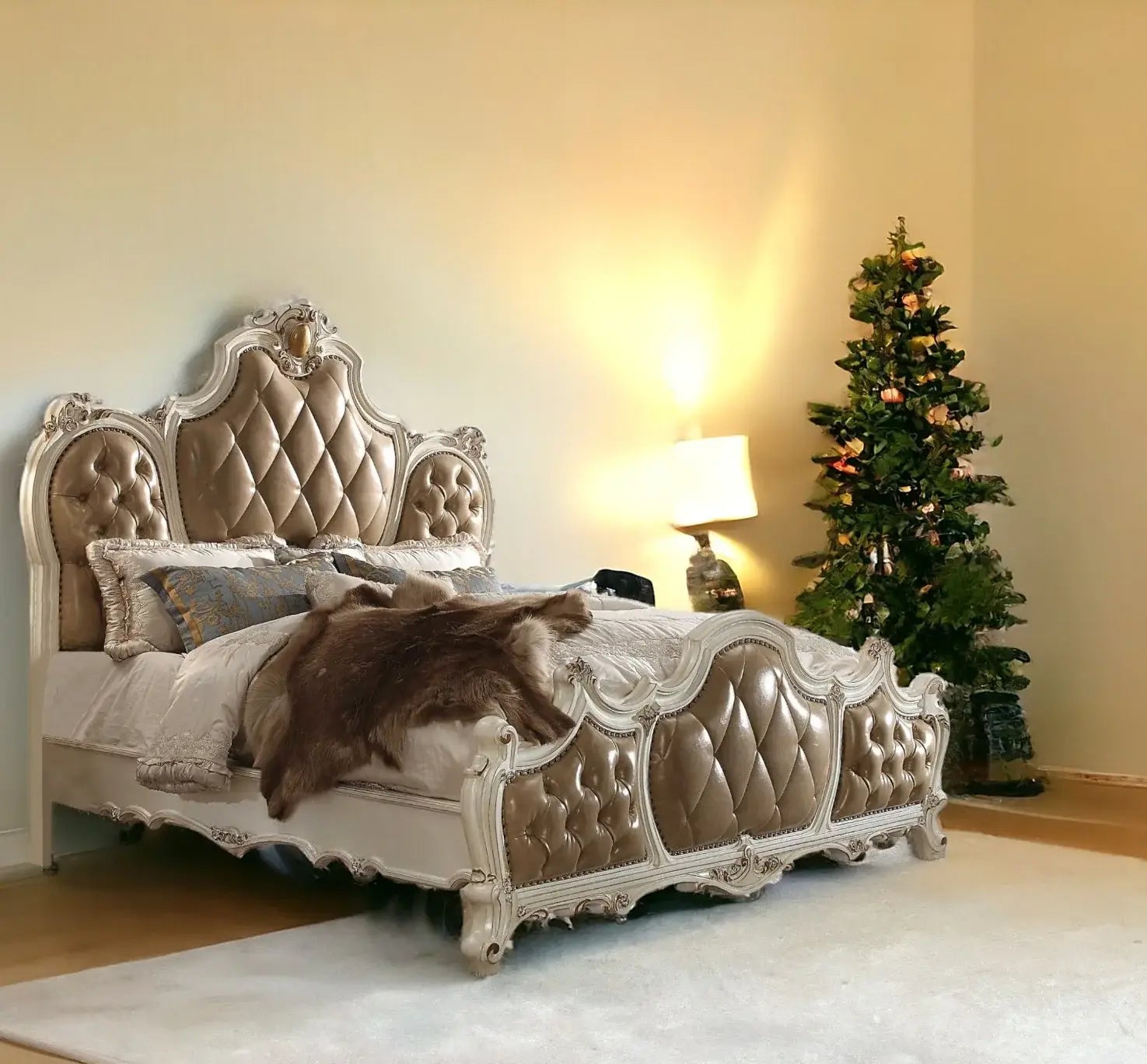 Queen Tufted Beige Upholstered Faux Leather Bed With Nailhead Trim - Homeroots - Flyclothing LLC