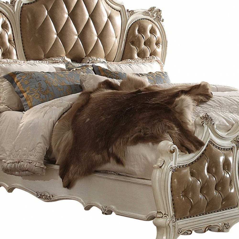 Queen Tufted Beige Upholstered Faux Leather Bed With Nailhead Trim - Homeroots - Flyclothing LLC