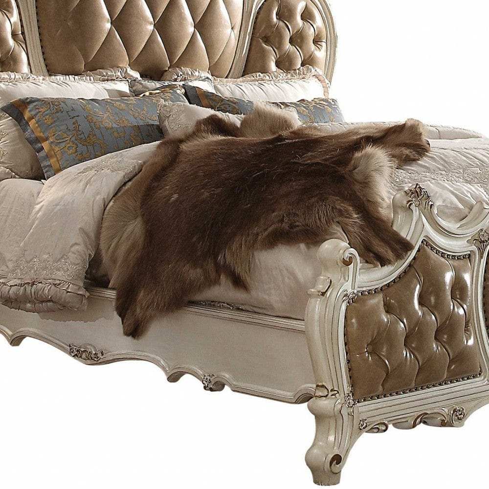 Queen Tufted Beige Upholstered Faux Leather Bed With Nailhead Trim - Homeroots - Flyclothing LLC