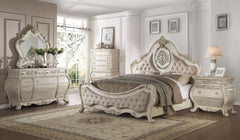Antiqued White Solid Wood Tufted Upholstered Linen Bed Frame