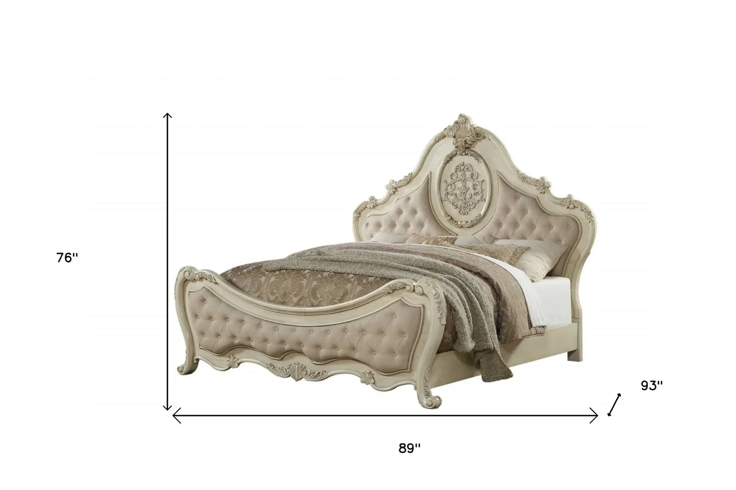 Antiqued White Solid Wood Tufted Upholstered Linen Bed Frame - Homeroots - Flyclothing LLC