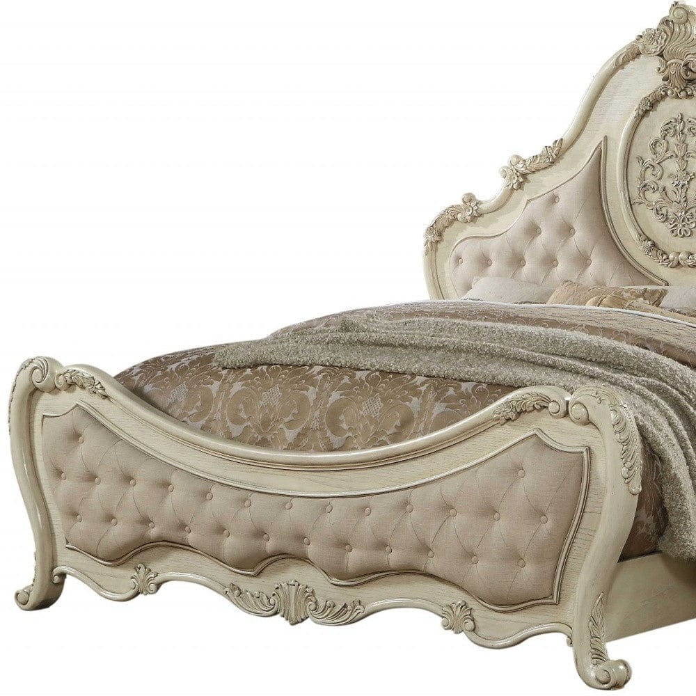 Antiqued White Solid Wood Tufted Upholstered Linen Bed Frame