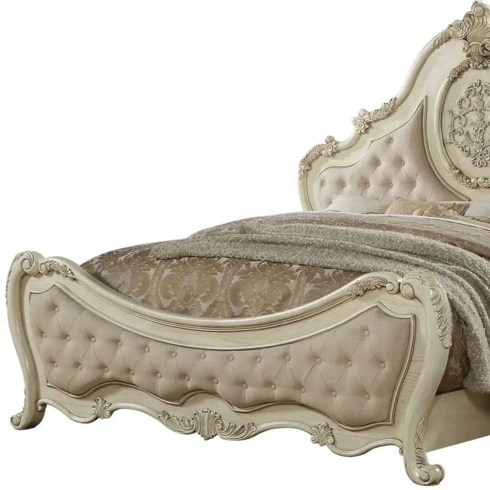 Antiqued White Solid Wood Tufted Upholstered Linen Bed Frame - Homeroots - Flyclothing LLC