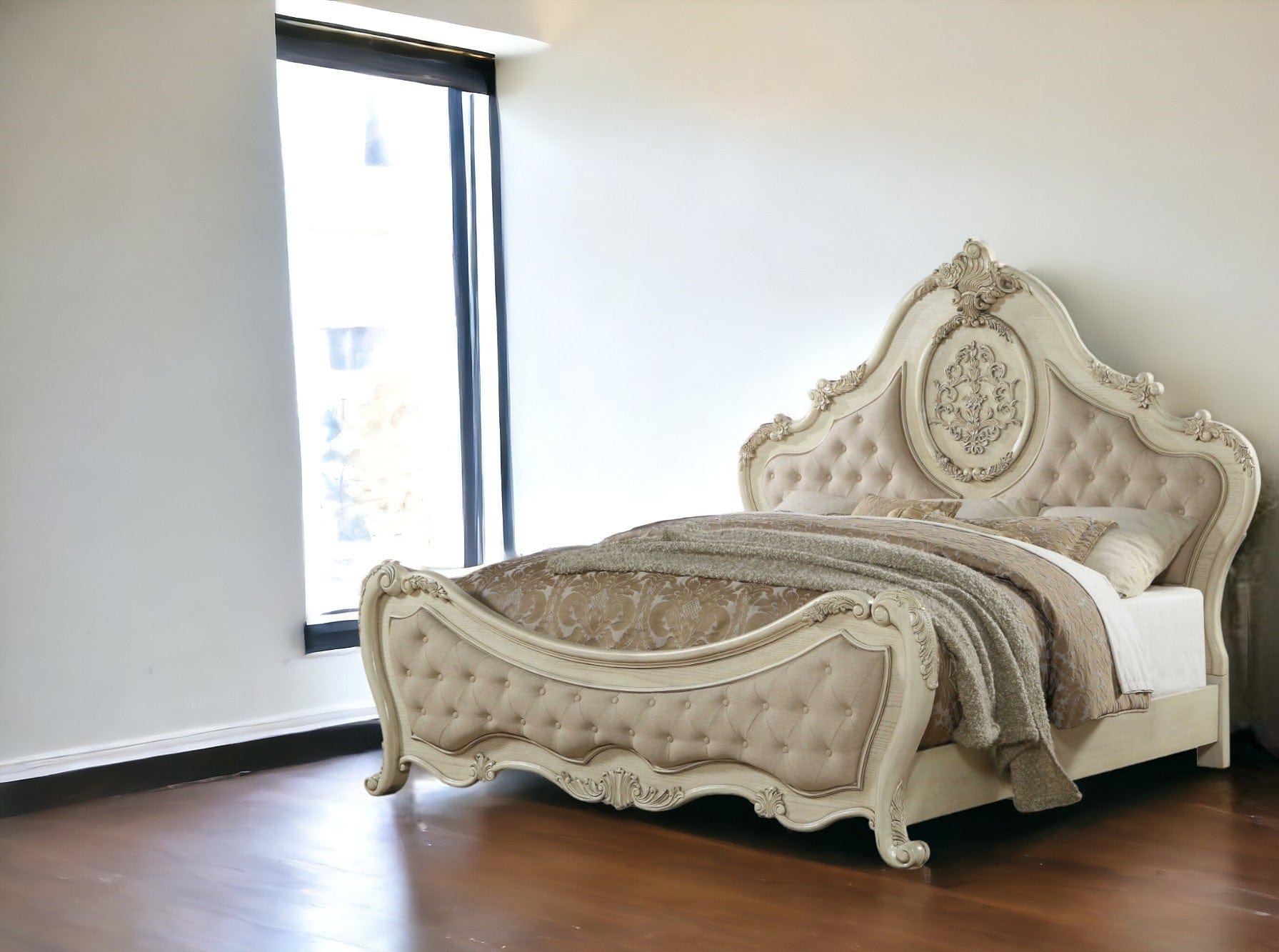 Antiqued White Solid Wood Tufted Upholstered Linen Bed Frame