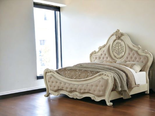 Antiqued White Solid Wood Tufted Upholstered Linen Bed Frame