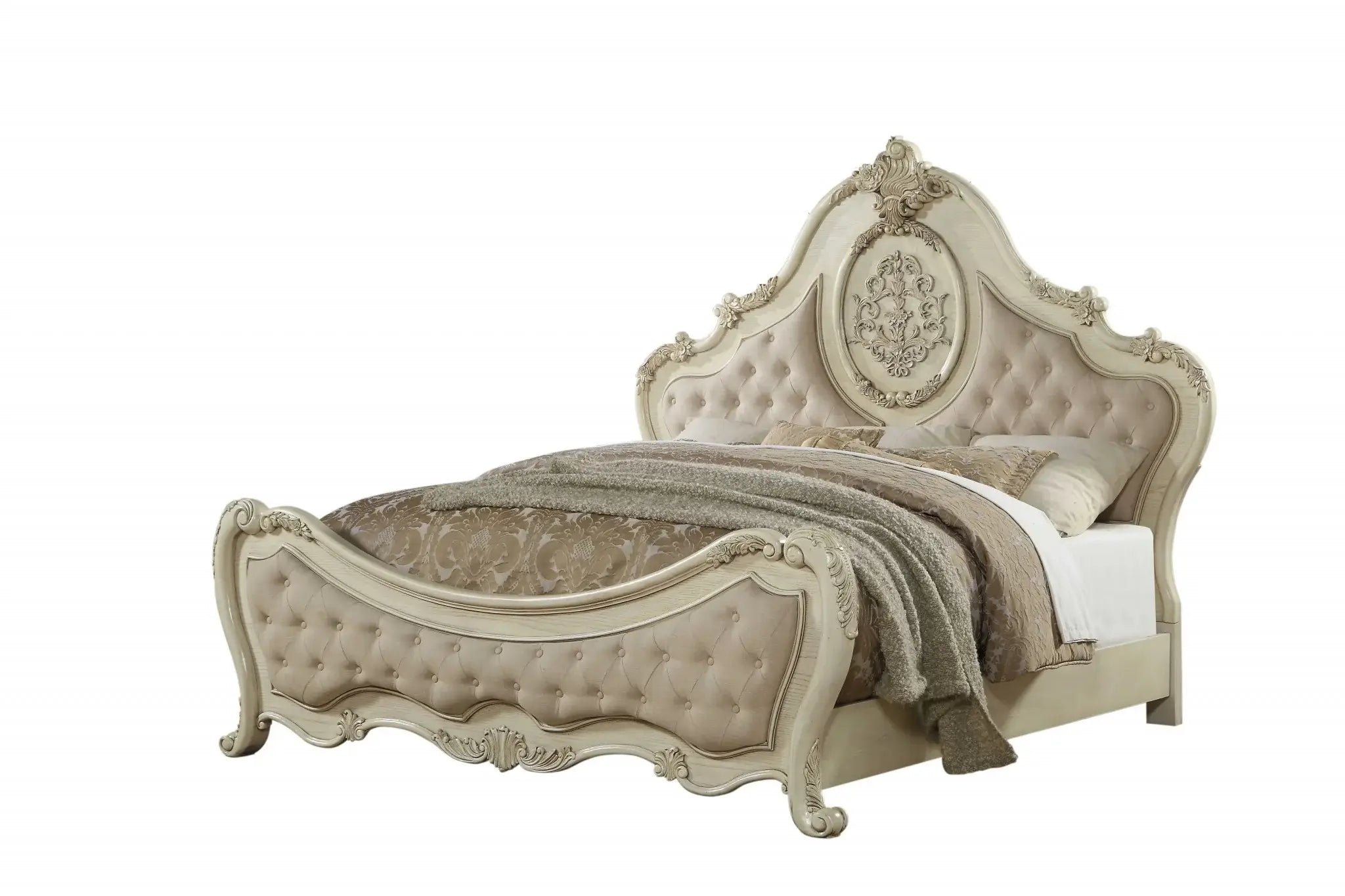 Antiqued White King Tufted Upholstered Linen Bed Frame with Nailhead Trim - Homeroots - Flyclothing LLC
