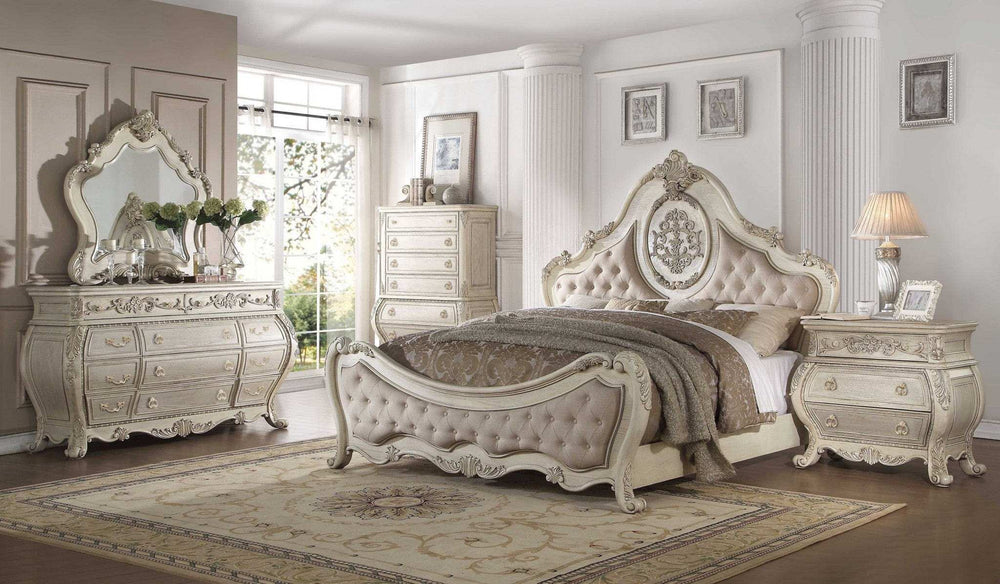 Antiqued White King Tufted Upholstered Linen Bed Frame with Nailhead Trim - Homeroots - Flyclothing LLC