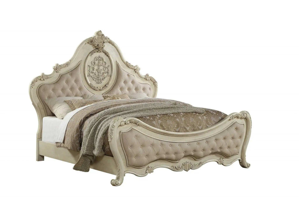 Antiqued White King Tufted Upholstered Linen Bed Frame with Nailhead Trim - Homeroots - Flyclothing LLC