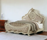 Antiqued White King Tufted Upholstered Linen Bed Frame with Nailhead Trim - Homeroots
