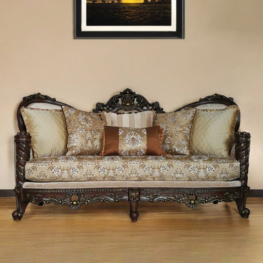 39" Beige Floral Sofa And Toss Pillows With Dark Brown Legs - Homeroots