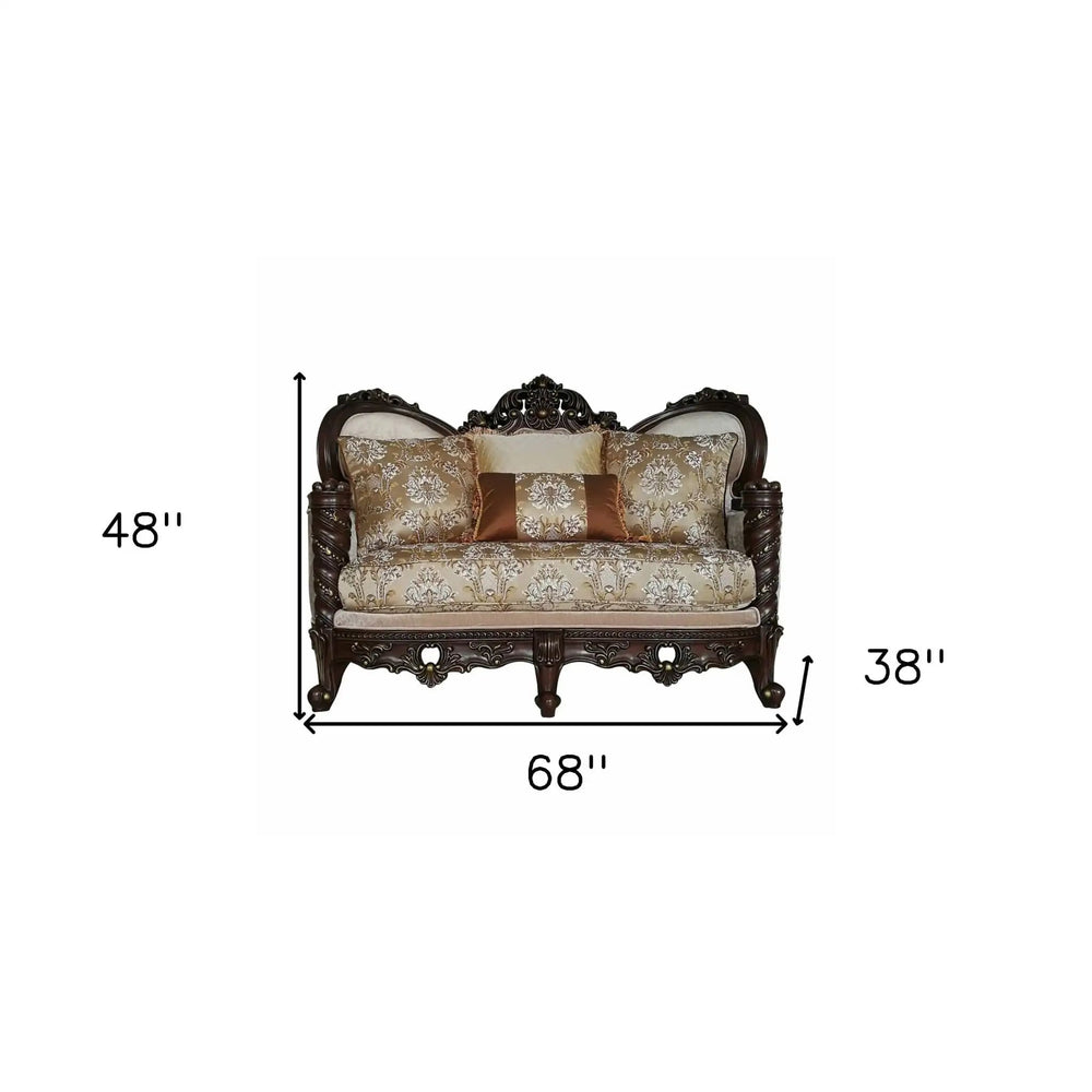 68" Cream And Brown Damask Chesterfield Loveseat and Toss Pillows - Homeroots - Flyclothing LLC