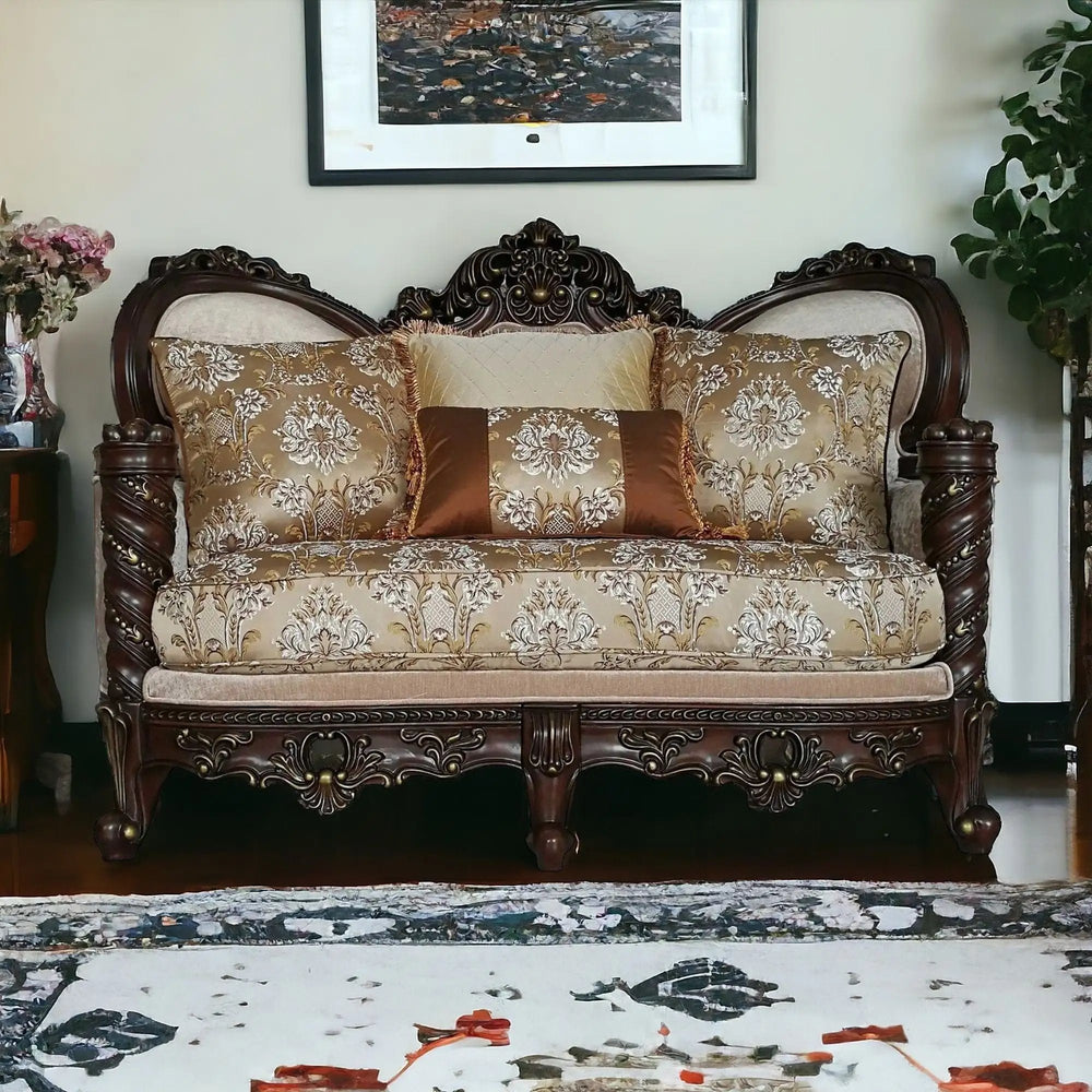 68" Cream And Brown Damask Chesterfield Loveseat and Toss Pillows - Homeroots - Flyclothing LLC