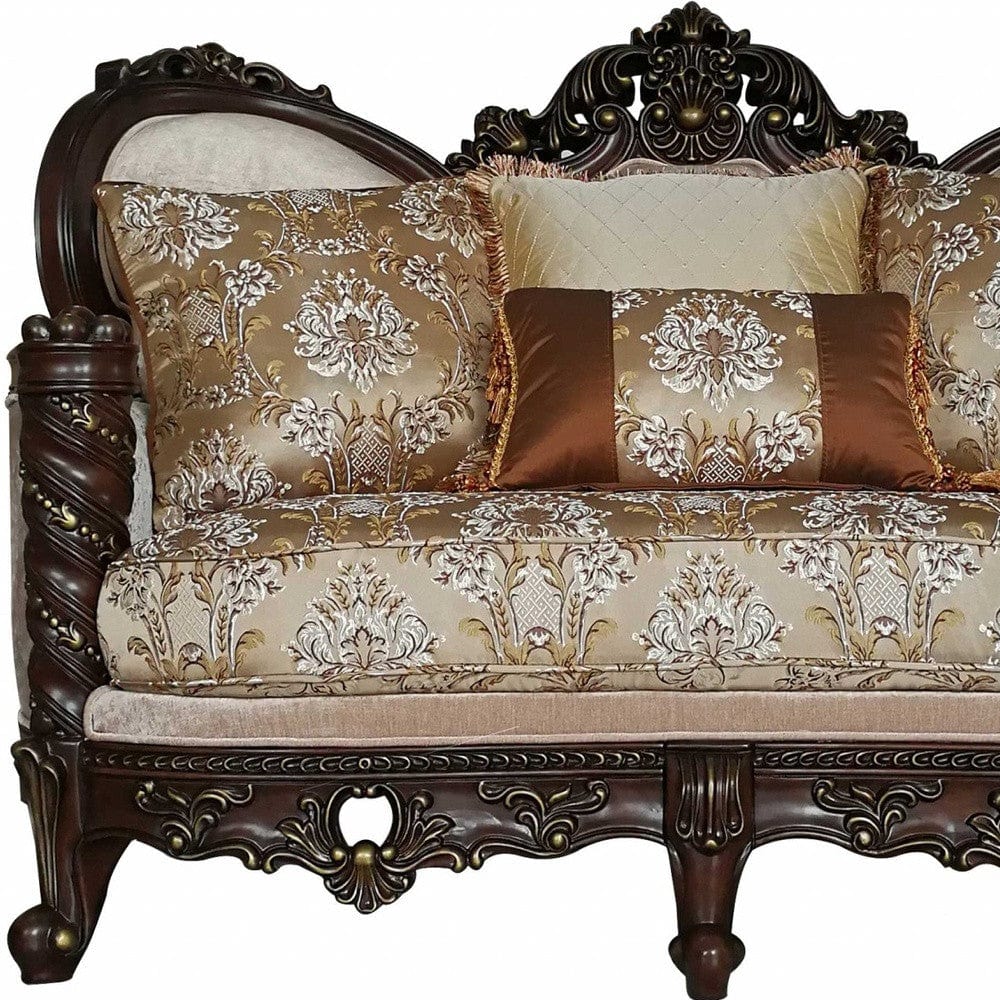 68" Cream And Brown Damask Chesterfield Loveseat and Toss Pillows - Homeroots - Flyclothing LLC