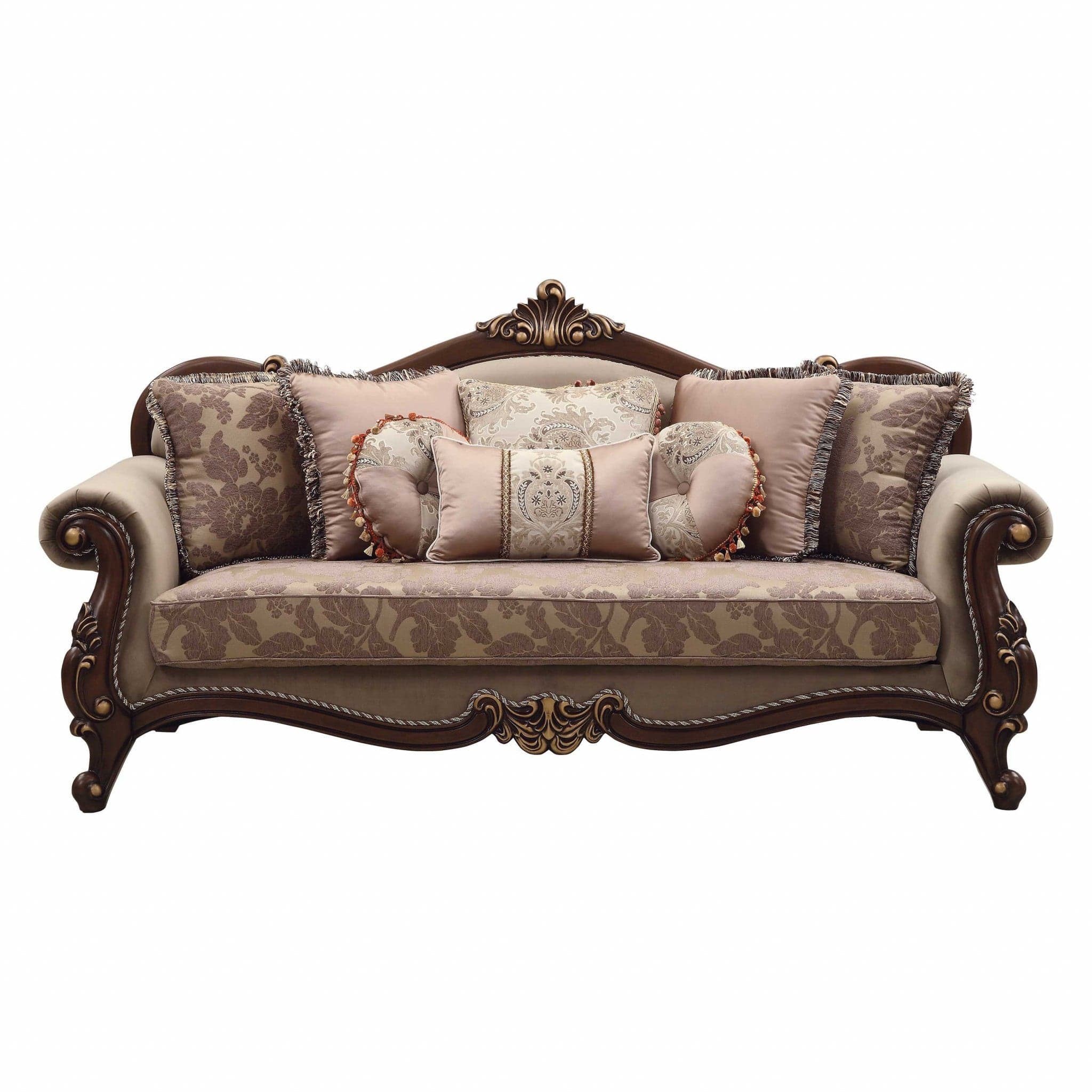 88" Beige Velvet Floral Sofa And Toss Pillows With Brown Legs - Homeroots