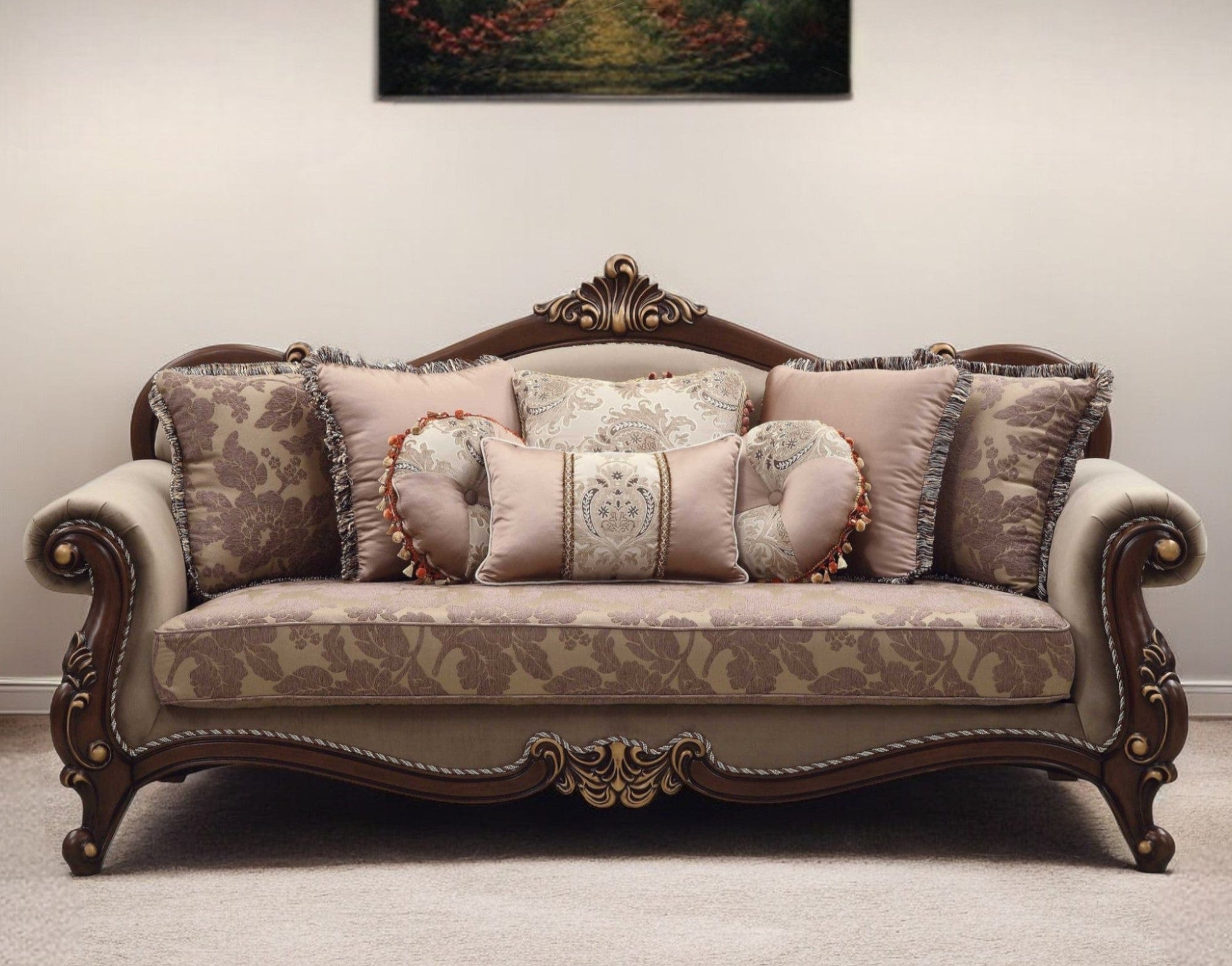 88" Beige Velvet Floral Sofa And Toss Pillows With Brown Legs - Homeroots