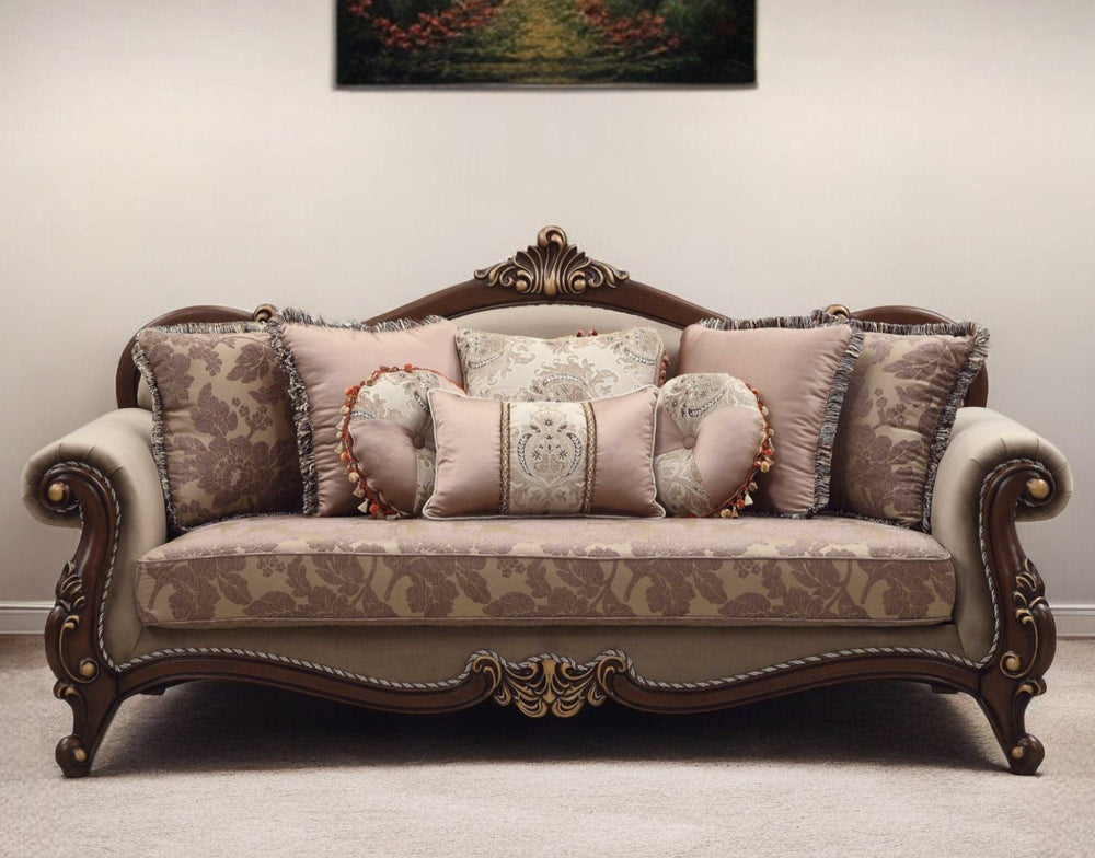 88" Beige Velvet Floral Sofa And Toss Pillows With Brown Legs - Homeroots - Flyclothing LLC