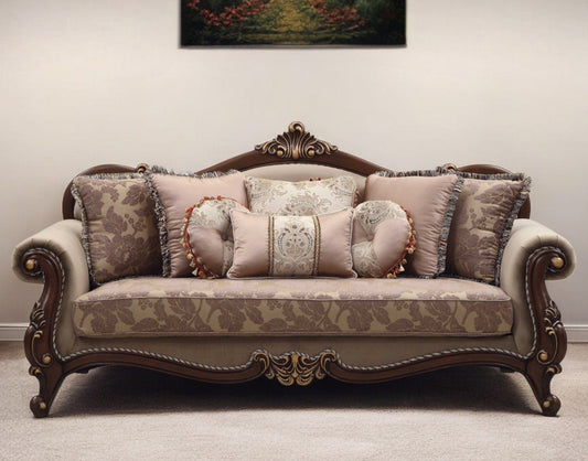 88" Beige Velvet Floral Sofa And Toss Pillows With Brown Legs - Homeroots