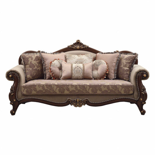 88" Beige Velvet Floral Sofa And Toss Pillows With Brown Legs - Homeroots
