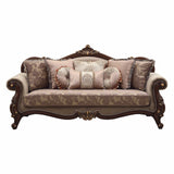 88" Beige Velvet Floral Sofa And Toss Pillows With Brown Legs - Homeroots