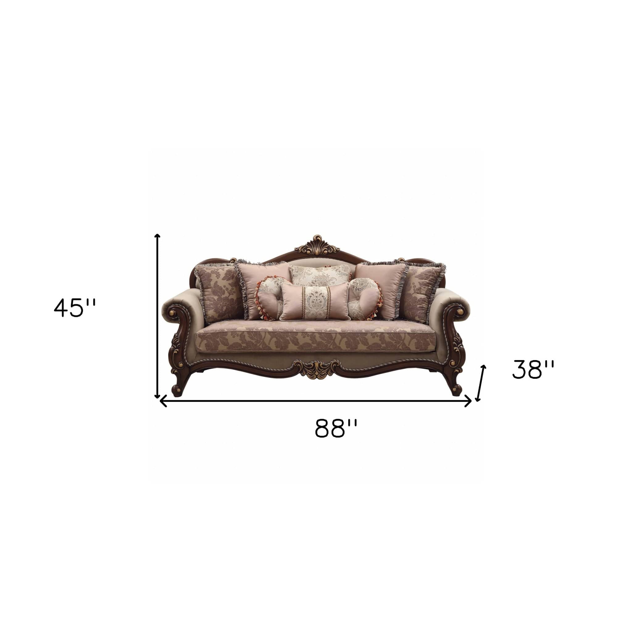 88" Beige Velvet Floral Sofa And Toss Pillows With Brown Legs - Homeroots