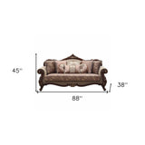 88" Beige Velvet Floral Sofa And Toss Pillows With Brown Legs - Homeroots - Flyclothing LLC