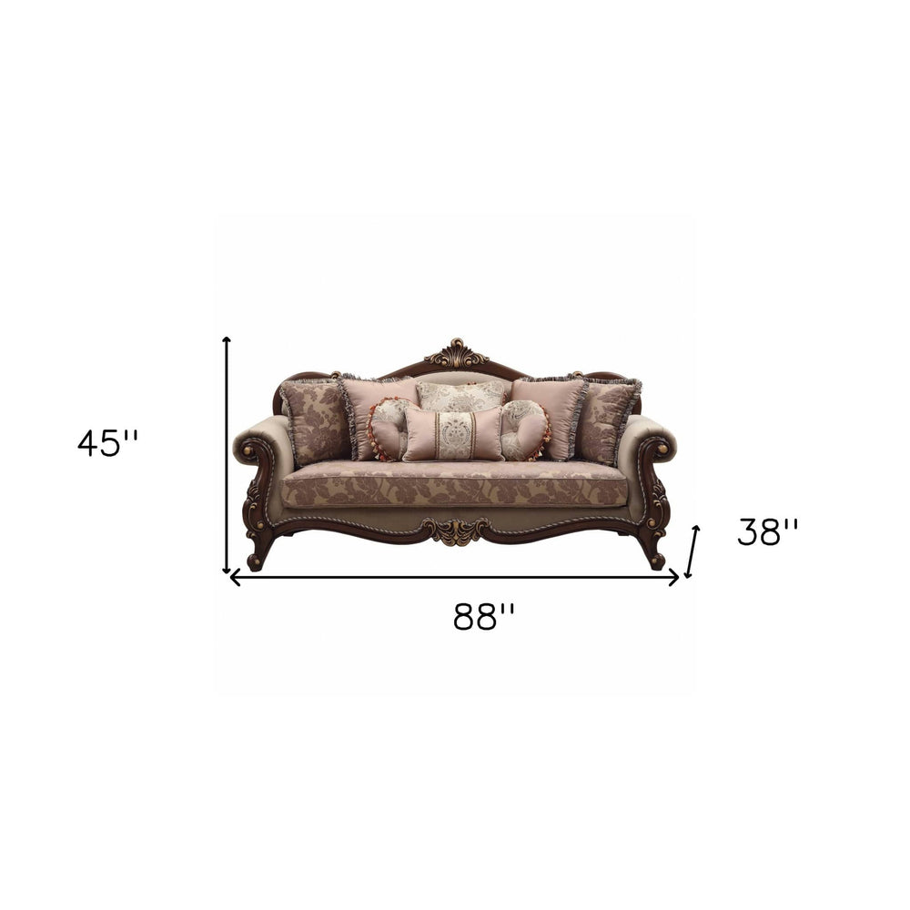 88" Beige Velvet Floral Sofa And Toss Pillows With Brown Legs - Homeroots - Flyclothing LLC