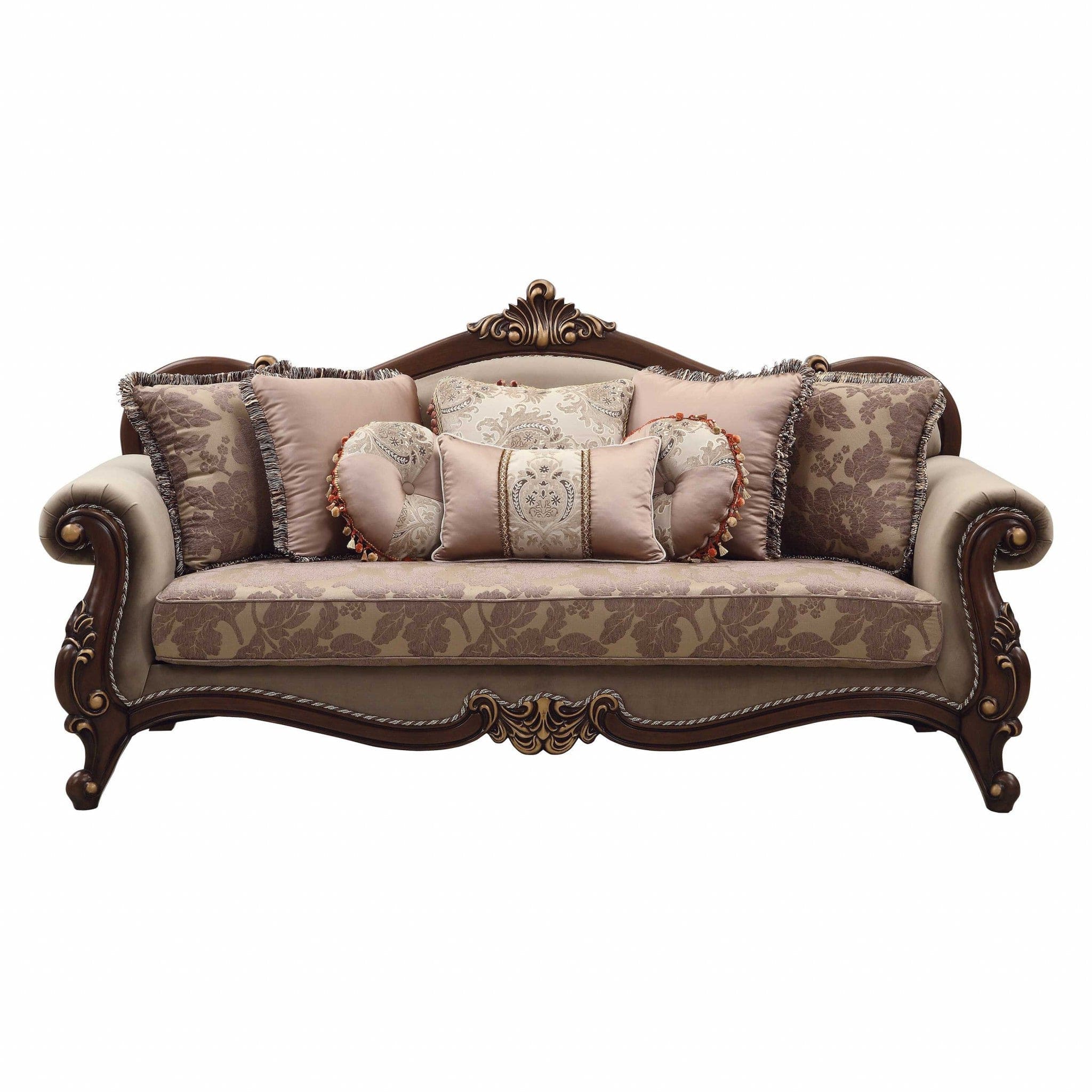 88" Beige Velvet Floral Sofa And Toss Pillows With Brown Legs - Homeroots