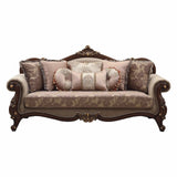 88" Beige Velvet Floral Sofa And Toss Pillows With Brown Legs - Homeroots