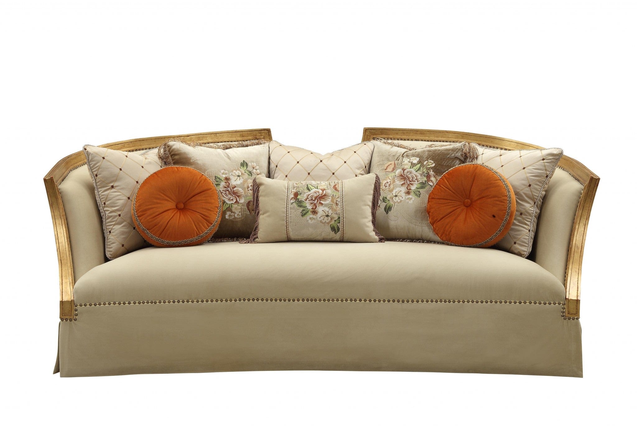 41" Beige Velvet Curved Sofa And Toss Pillows With Natural Legs - Homeroots