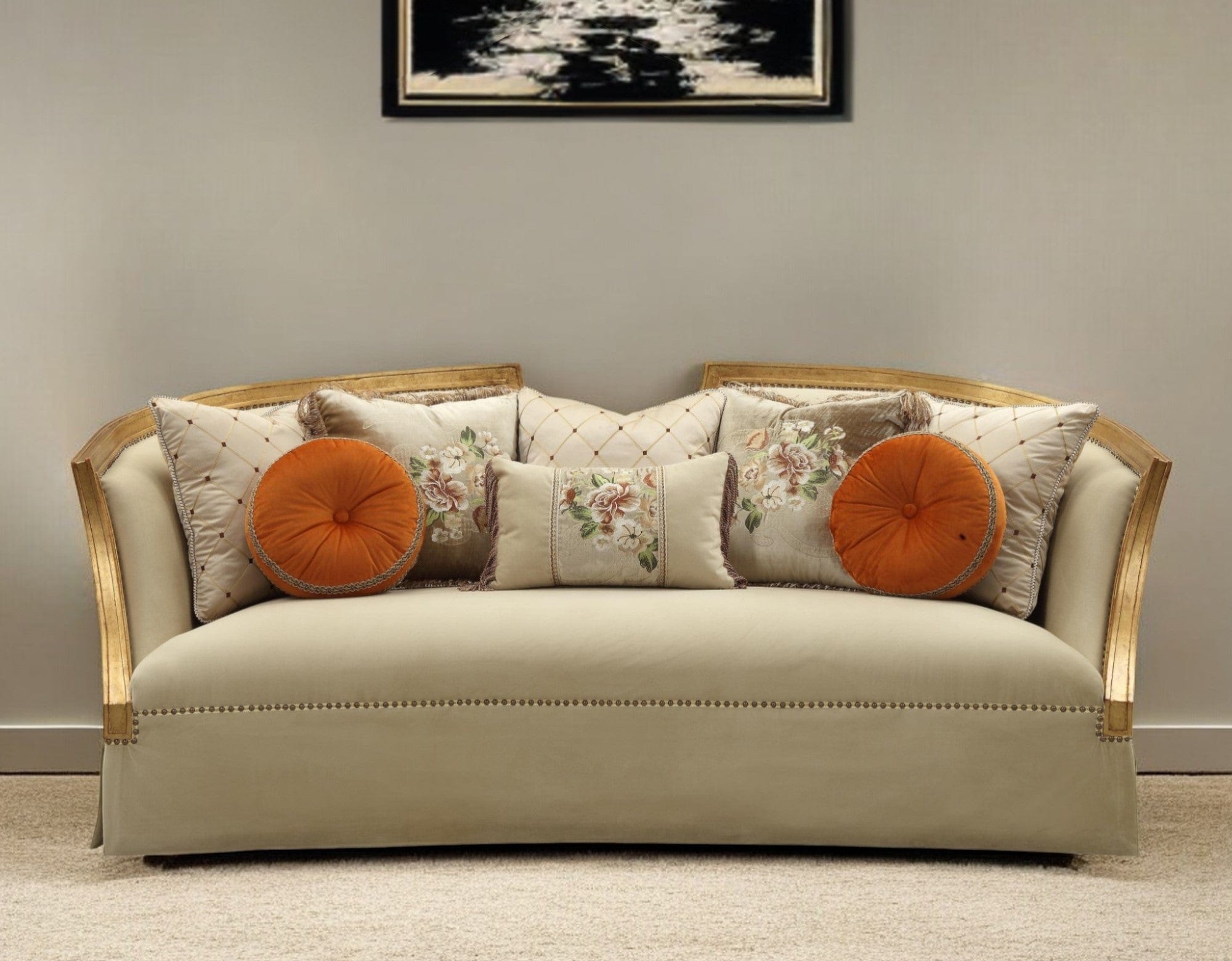 41" Beige Velvet Curved Sofa And Toss Pillows With Natural Legs - Homeroots