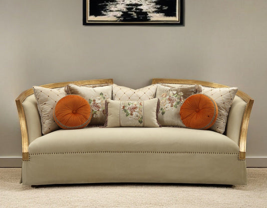 41" Beige Velvet Curved Sofa And Toss Pillows With Natural Legs - Homeroots